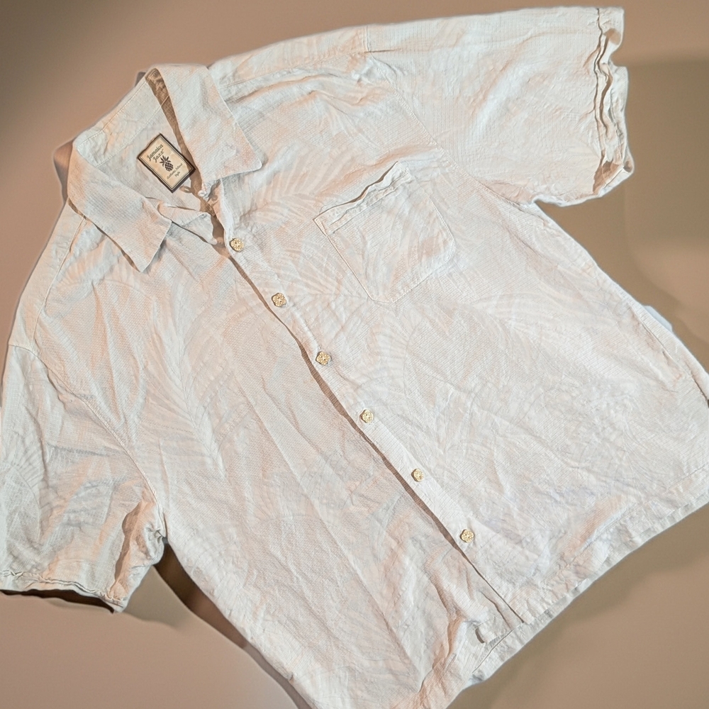 Jamaica Jaxx Men's Cream Silk Palm Print Shirt Button-Up Short‎ Sleeve XL